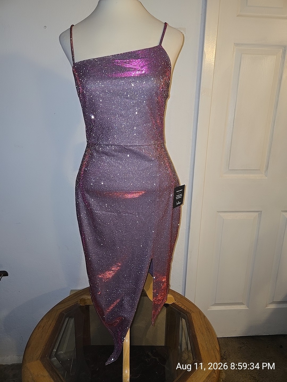 Lulu's Metallic Purple Asymmetric Midi Dress